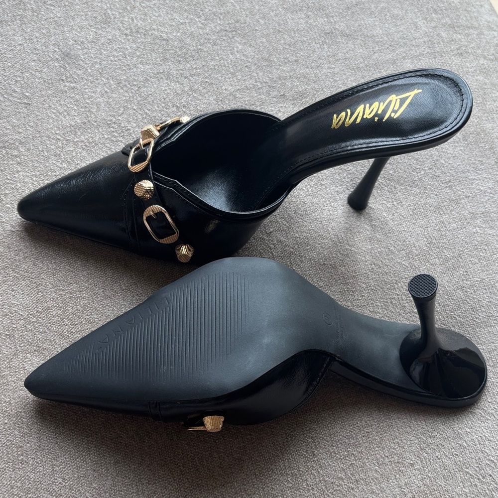 NIB Fashion Nova Black Mule Heels with Gold Accents | Size 9